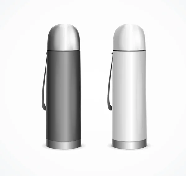 Realistico Dettagliato 3d Bianco e Nero Blank Thermos Template Mockup Set. Vettore — Vettoriale Stock