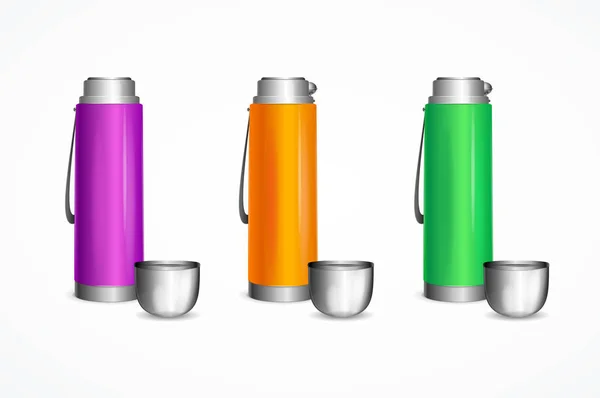 Realista detallada 3d Color en blanco Thermos Plantilla Conjunto de Mockup. Vector — Archivo Imágenes Vectoriales