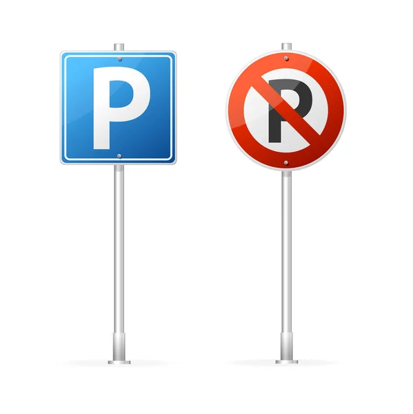 Realistic Detailed 3d No Parking and Parking Road Sign Group. Vector — Stock Vector