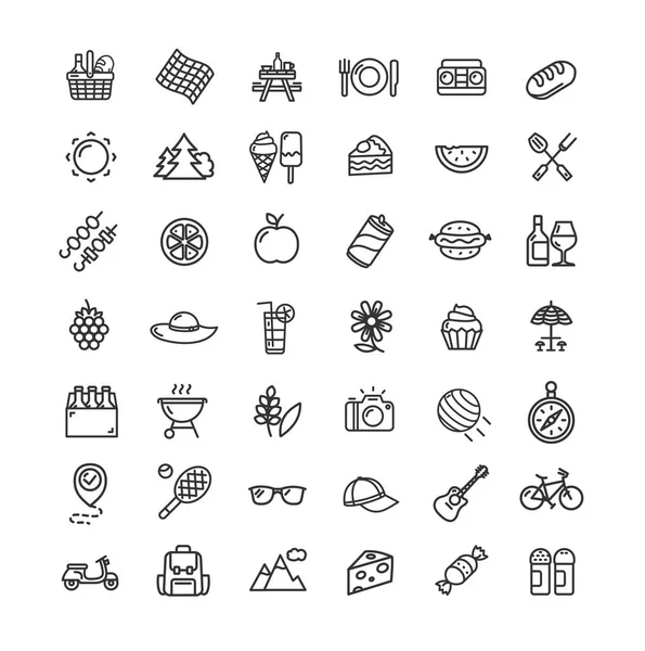 Conjunto de iconos de línea fina negro de picnic. Vector — Vector de stock