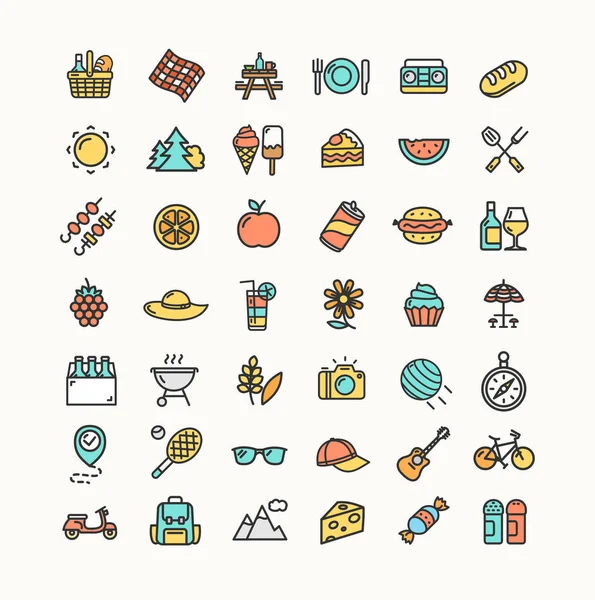 Set di icone linea sottile di colore picnic. Vettore — Vettoriale Stock