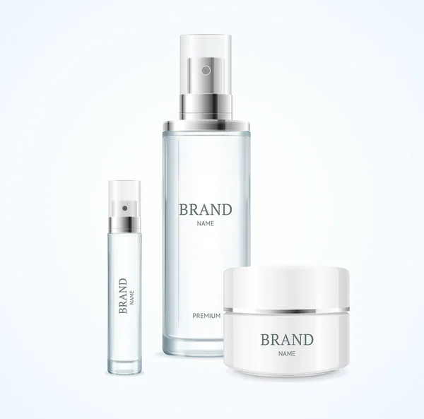 Realistico dettagliato 3d Blank Cosmetic Product Brand Template Mockup Set. Vettore — Vettoriale Stock