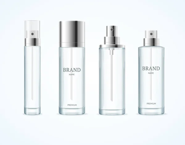 リアルな詳細な3Dブランク香水ボトルテンプレートモックアップセット。ベクトル — ストックベクタ
