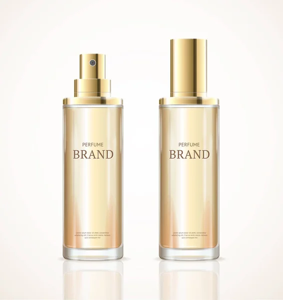 リアルな詳細な3Dブランク香水ボトルゴールドテンプレートモックアップセット。ベクトル — ストックベクタ
