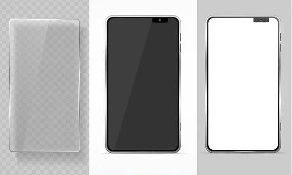 現実的な詳細な3D携帯電話とガラステンプレートモックアップセット。ベクトル — ストックベクタ