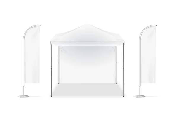 Realistische gedetailleerde 3D wit leeg adv strand tent vlag sjabloon mockup instellen. Vector — Stockvector