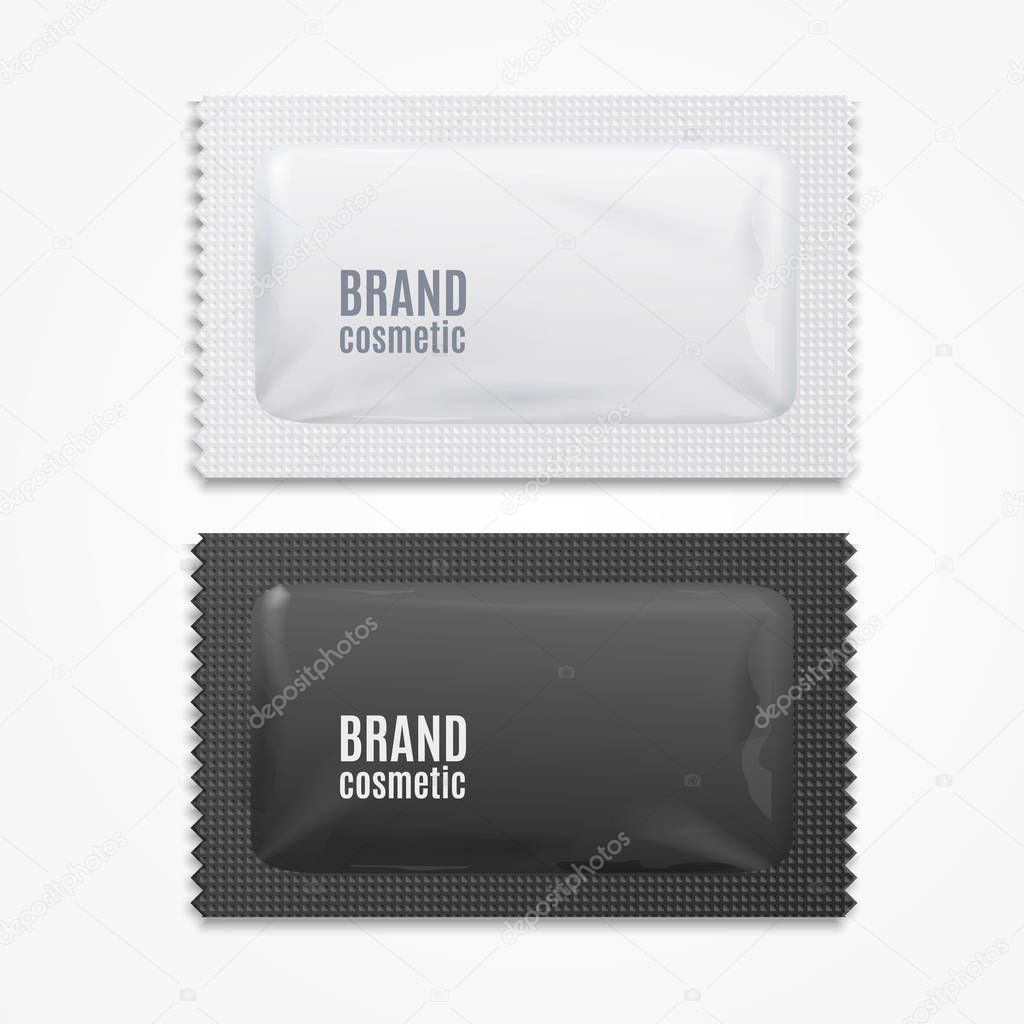 Realistic Detailed 3d White and Black Blank Cosmetic Sachet Template Mockup Set. Vector