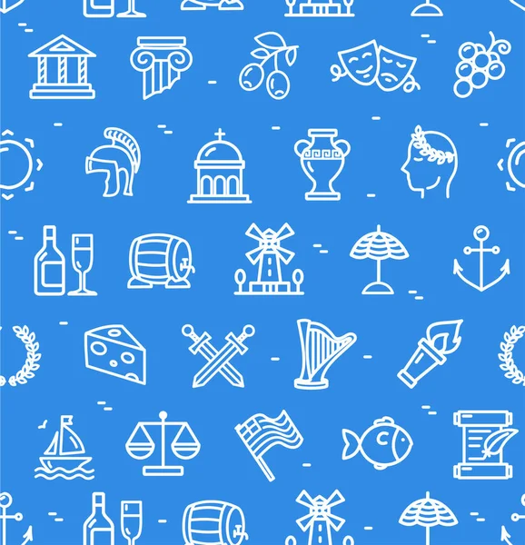 Greece Signs Seamless Pattern Background on a Blue. Vector — Stock Vector