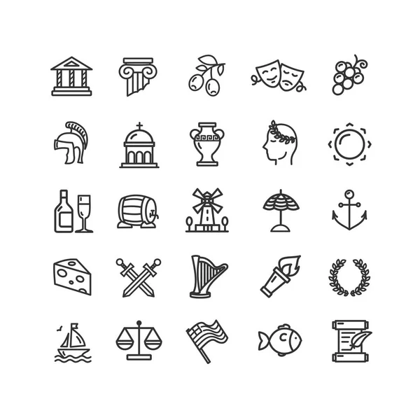 Grecia Conjunto de iconos de línea delgada negra. Vector — Vector de stock