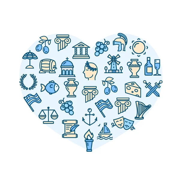 Love Greece Concept Plantilla de diseño en forma de corazón Set de iconos de línea delgada. Vector — Archivo Imágenes Vectoriales