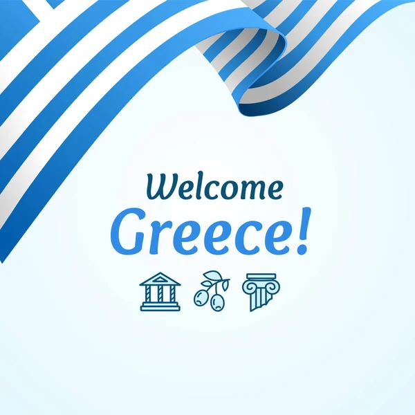 Welcome Grecia Concept Banner Card with Realistic 3d Detailed Flag (en inglés). Vector — Archivo Imágenes Vectoriales