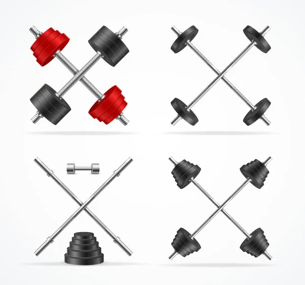 Realistyczne szczegółowe 3D Barbell i Dumbbells emblematy Set. Wektor — Wektor stockowy