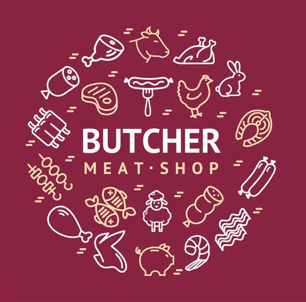 Mięso Butchery znaki cienka linia okrągły projekt szablonu reklamy. Wektor — Wektor stockowy