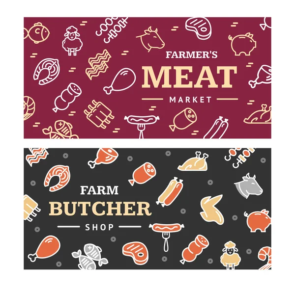 Kött butchery banner horisontell uppsättning. Vektor — Stock vektor