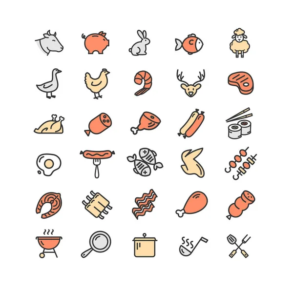 Meat Butchery Color Thin Line Icon Set. Vector — Stock Vector