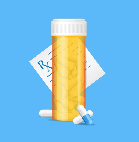 Realistische gedetailleerde 3D pillen fles en recept medische concept. Vector — Stockvector