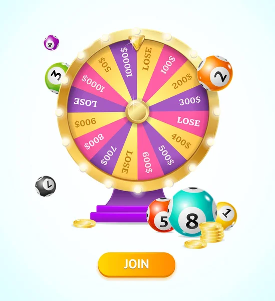 Realista 3d detallado Casino Fortune Wheel y bolas de lotería, oro pilas de monedas. Vector — Vector de stock