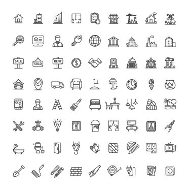 Emlak Siyah İnce Çizgi Simgesi Ayarlandı. Vektör