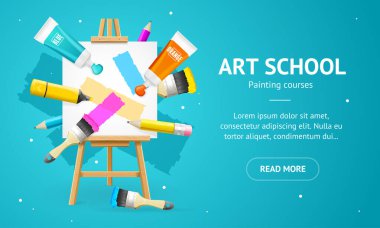Art School Concept Banner Horizontal with Realistik Detaylı 3d Elements. Vektör