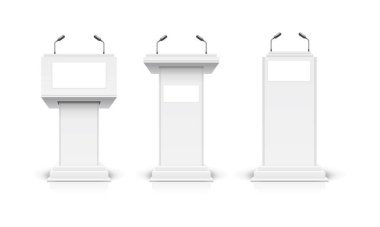 Realistic Detailed 3d White Blank Podium Tribune Debate or Stage Stand Template Mockup Set. Vector clipart