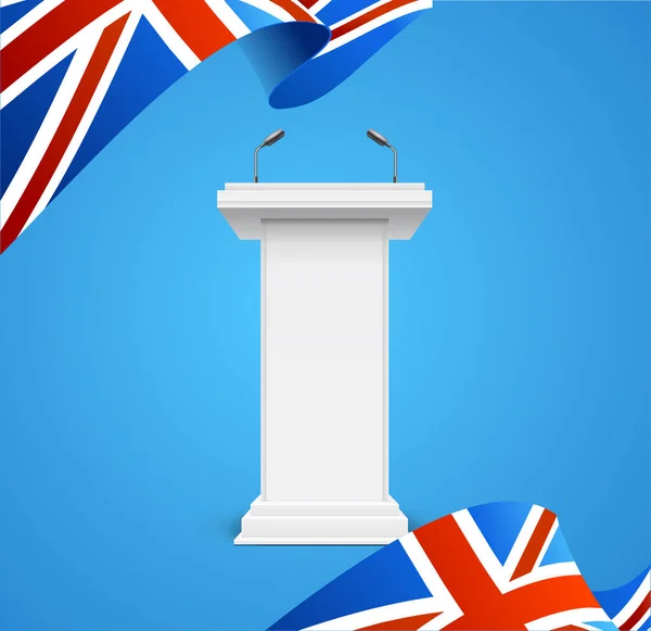 Realistic 3d Detailed Great Britain Flag and Debate Podium Banner Background (en inglés). Vector — Vector de stock