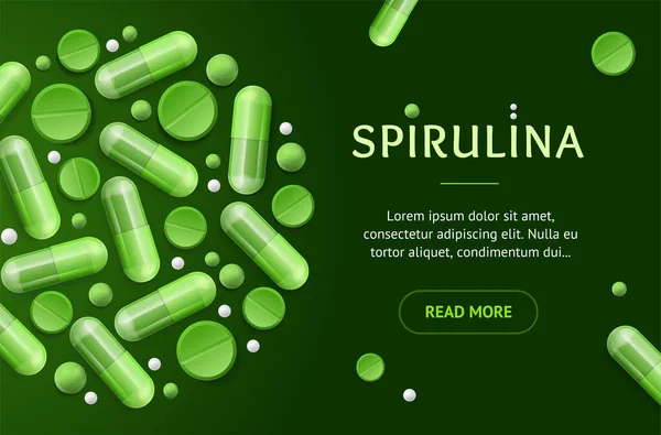 Green Spillina Pills Concept｜バナーリアルな詳細3D要素を持つ水平。ベクトル — ストックベクタ