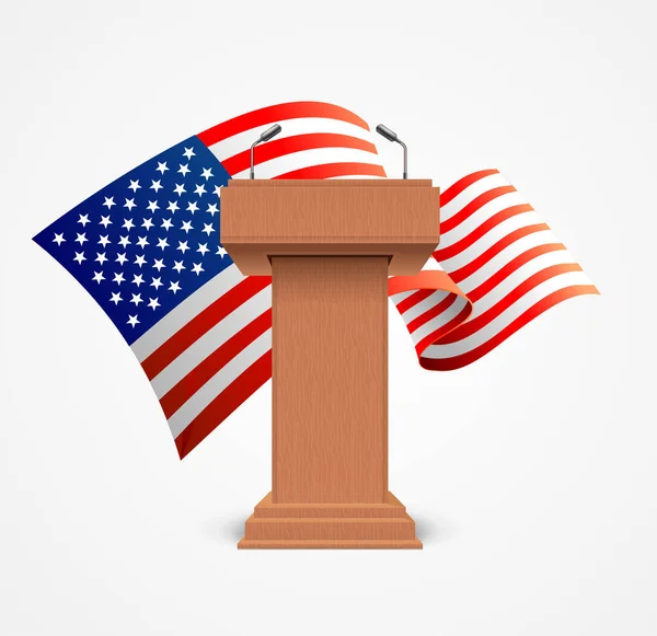 Realistische 3D Gedetailleerde Usa vlag en podium Stand of Debat Podium Banner Achtergrond. Vector — Stockvector