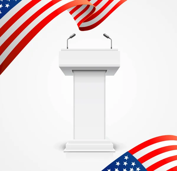 Realistische 3D detaillierte usa Flagge und Debatte Podium Banner Hintergrund. Vektor — Stockvektor