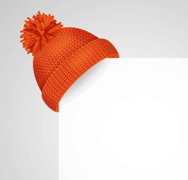 Realista 3d detalhou chapéu de malha vermelho em uma folha de papel branco canto. Vetor —  Vetores de Stock