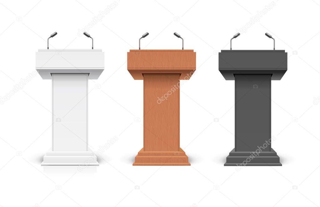 Realistic Detailed 3d Different Types Podium Tribune Debate or Stage Stand Set. Vector