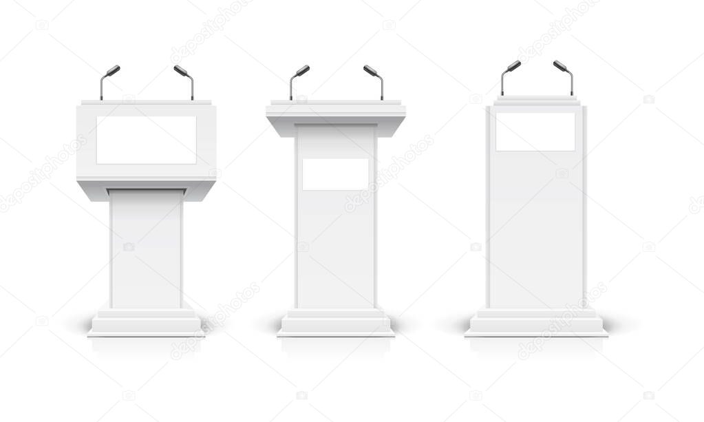 Realistic Detailed 3d White Blank Podium Tribune Debate or Stage Stand Template Mockup Set. Vector