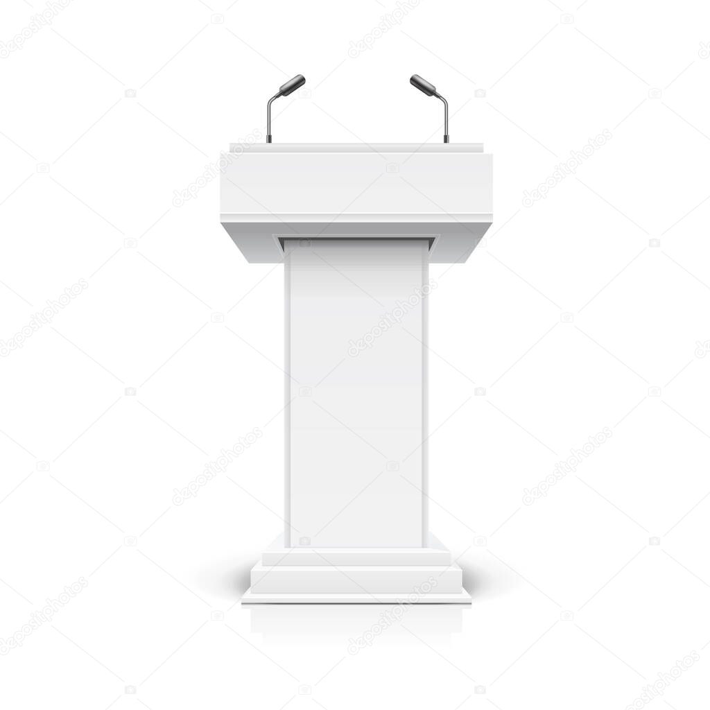 Realistic Detailed 3d White Blank Podium Tribune Debate or Stage Stand Template Mockup. Vector