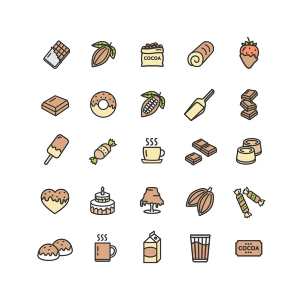 Conjunto de iconos de línea delgada de color de signo de chocolate. Vector — Archivo Imágenes Vectoriales