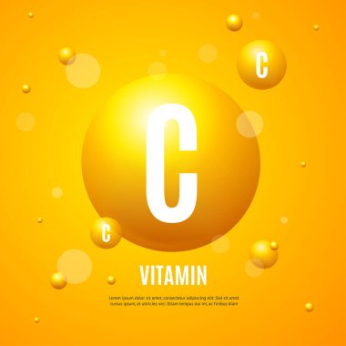 Gerçekçi Detaylı 3d Küre Sarı Vitamin C Afiş Poster Kartı. Vektör