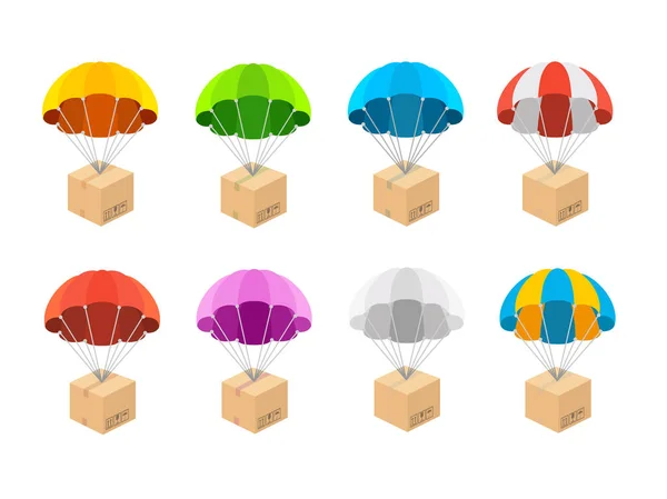 Cartoon Color Verschillende Parachute met Box Pictogrammen Set. Vector — Stockvector