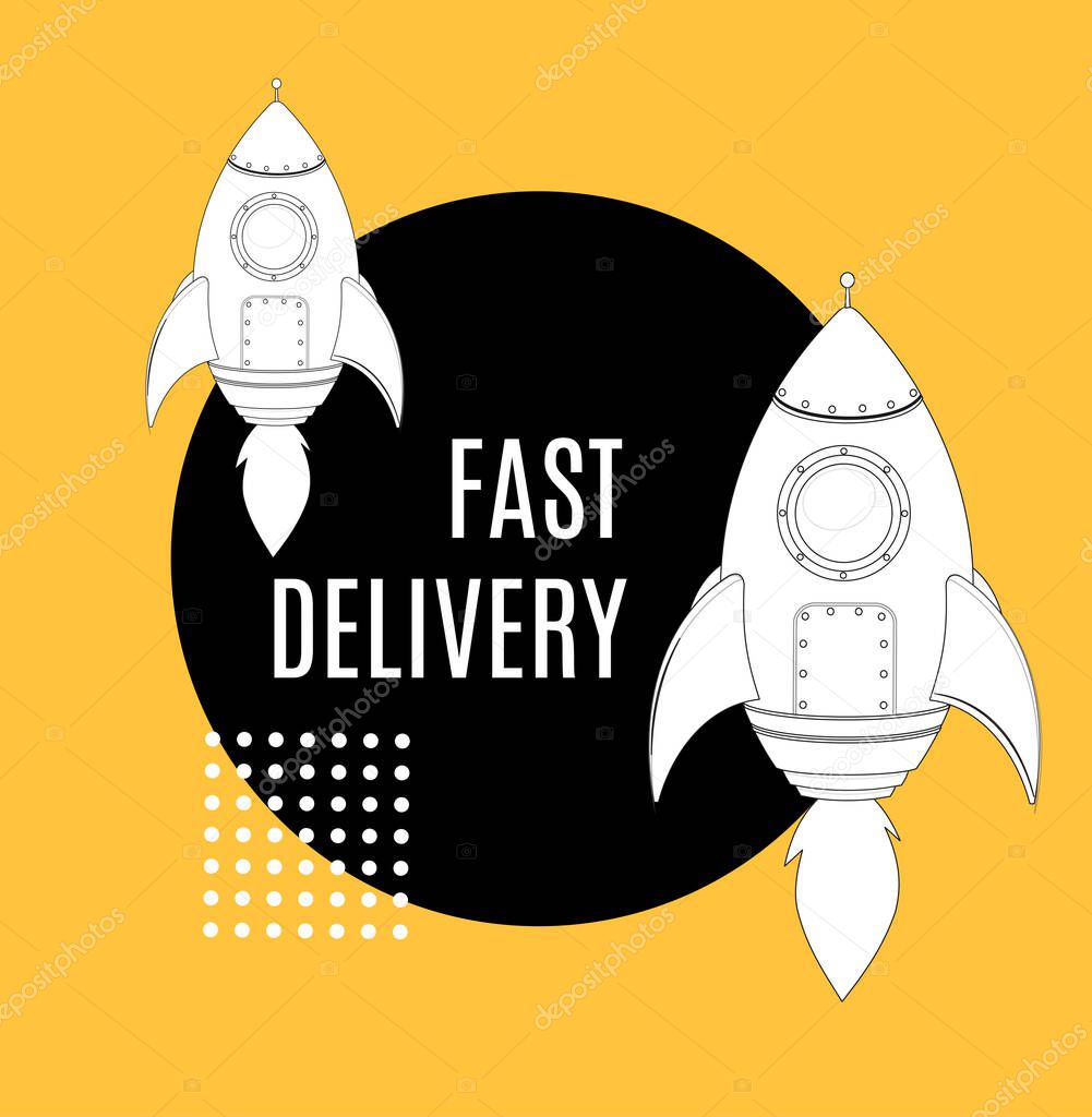 Fast Delivery Concept and Rocket Ship Banner Contour Linear Style. Vector