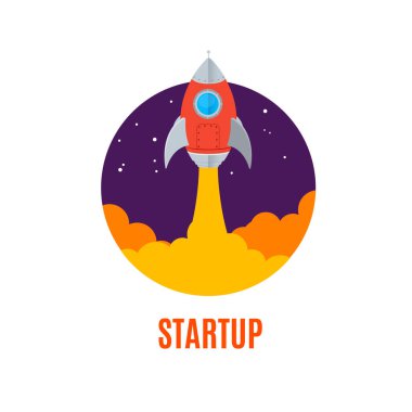 Rocket Ship Startup Concept Banner Düz Tasarım Biçimi. Vektör