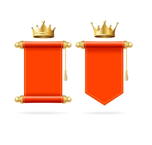 Realistic Detailed 3d Golden Crown and Red Scroll Set. Vector — Stock Vector