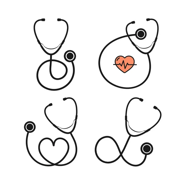 Cartoon Silhouette Black Stethoscope with Heart Set. Vector — Stock Vector