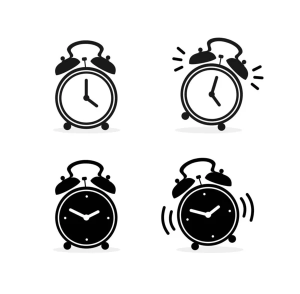 Silueta de dibujos animados Negro Reloj despertador conjunto. Vector — Archivo Imágenes Vectoriales