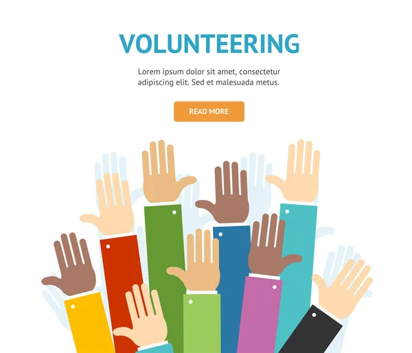 Verschiedene Hände Volunteering Konzept Banner Flat Design Style. Vektor — Stockvektor