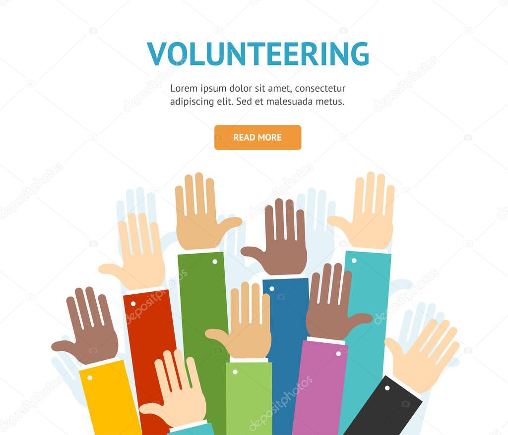 Different Hands Volunteering Concept Banner Flat Design Style. Vector