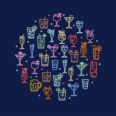 Alkol Kokteyli Yuvarlak Tasarım Şablon Çizgileri Simge Kavramı. Vektör