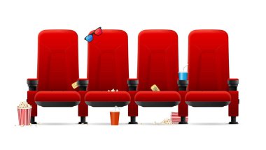 Gerçekçi Detaylı 3 boyutlu Kızıl Sinema Koltukları. Vektör