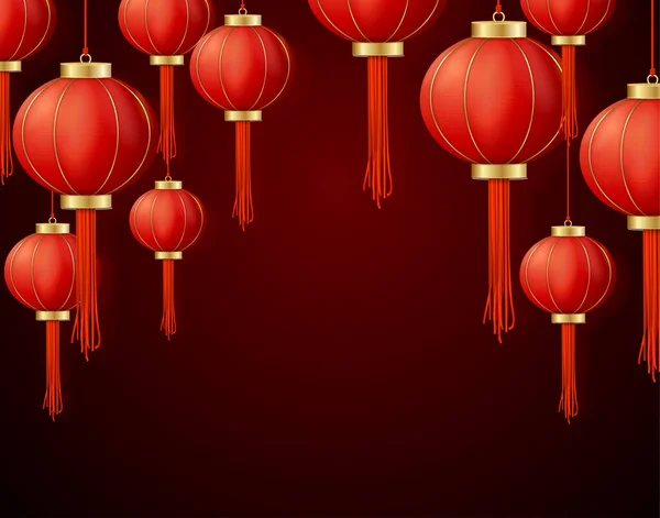 Realistiske detaljerte 3d Chinese Red Paper Lantern Bakgrunnskort. Vektor – stockvektor