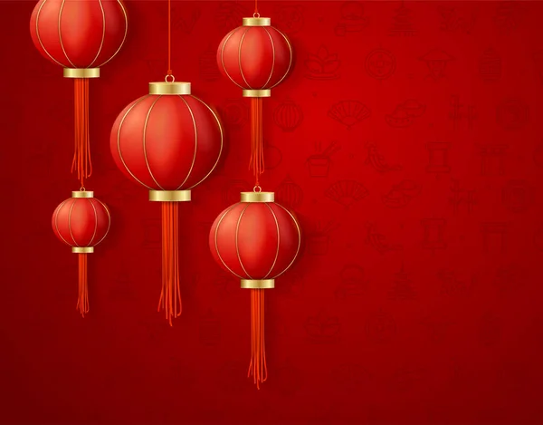 Realistisch Gedetailleerde 3D Chinese Rode Paper Lantaarn Achtergrondkaart. Vector — Stockvector
