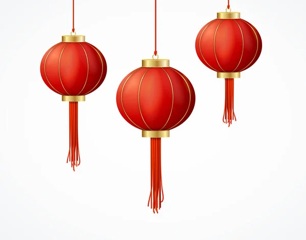 Realistic Detailed 3d Chinese Red Paper Lantern Set. Vector — Stock Vector