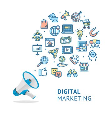 Gerçekçi Detaylı 3d Megafon ve Pazarlama Konsepti. Vektör