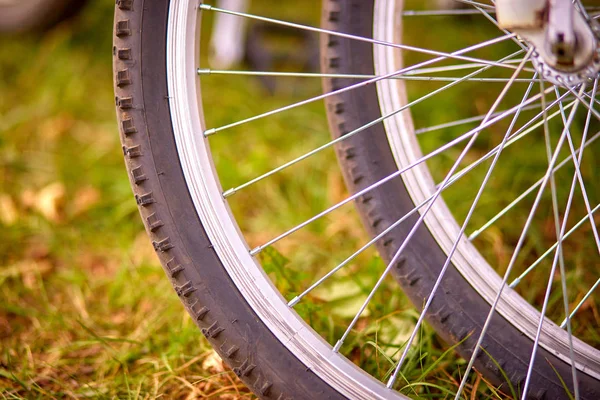 Roda de bicicleta. Detalhe de close-up da roda traseira da bicicleta - raios . — Fotografia de Stock