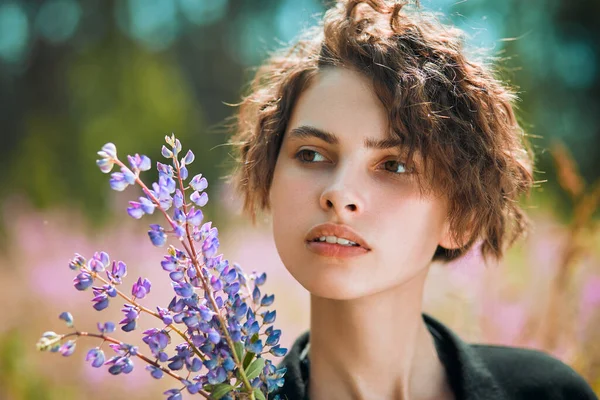 Beautiful Young Girl Bouquet Lupine Her Hand Soft Focus — Stock Photo, Image